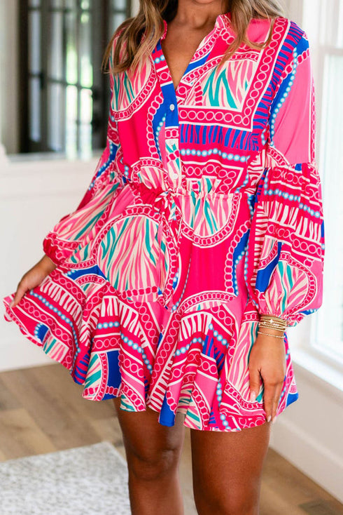 Bohemian Abstract Print Puff Sleeve Drawstring Ruffled Mini Dress