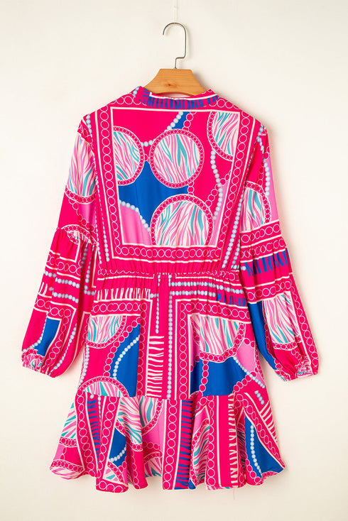 Bohemian Abstract Print Puff Sleeve Drawstring Ruffled Mini Dress