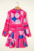 Bohemian Abstract Print Puff Sleeve Drawstring Ruffled Mini Dress