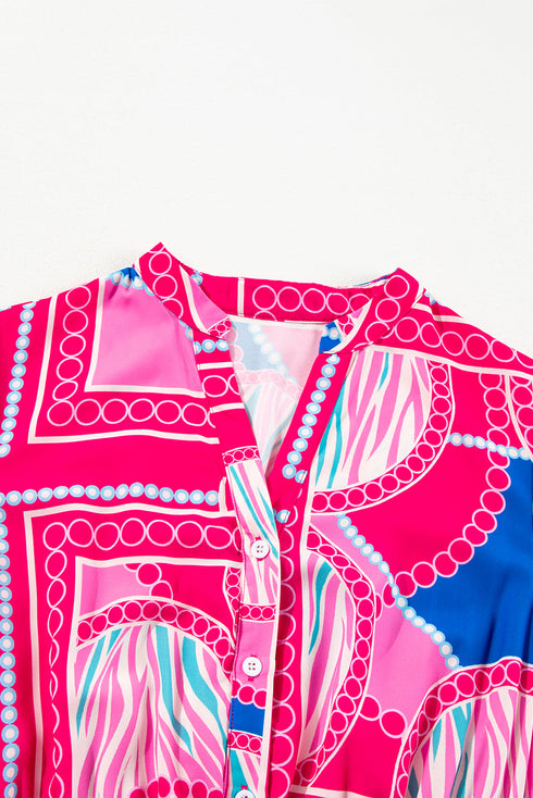 Bohemian Abstract Print Puff Sleeve Drawstring Ruffled Mini Dress