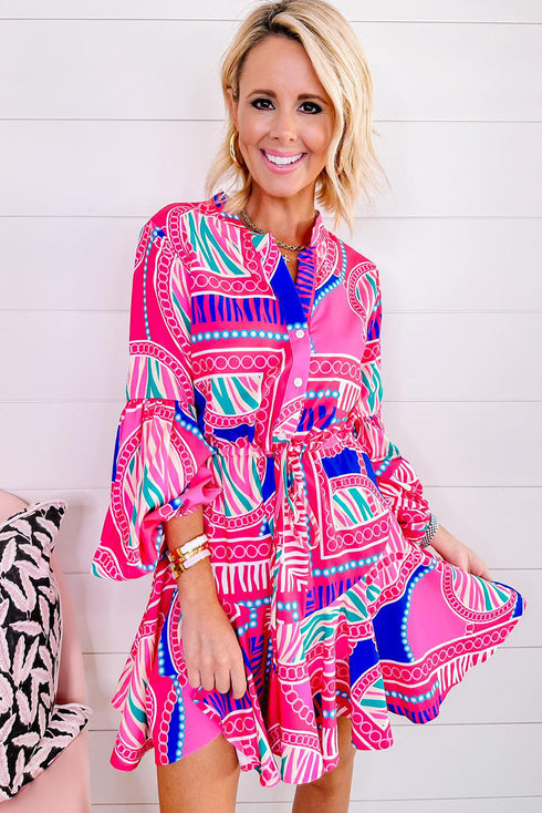 Bohemian Abstract Print Puff Sleeve Drawstring Ruffled Mini Dress