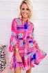 Bohemian Abstract Print Puff Sleeve Drawstring Ruffled Mini Dress