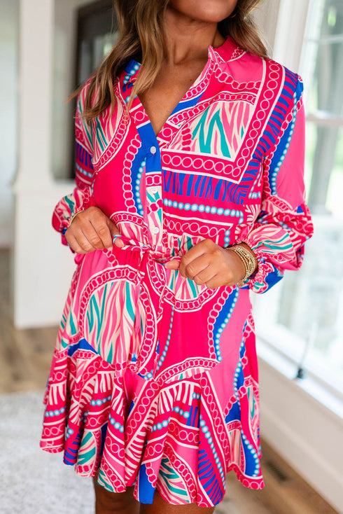 Bohemian Abstract Print Puff Sleeve Drawstring Ruffled Mini Dress