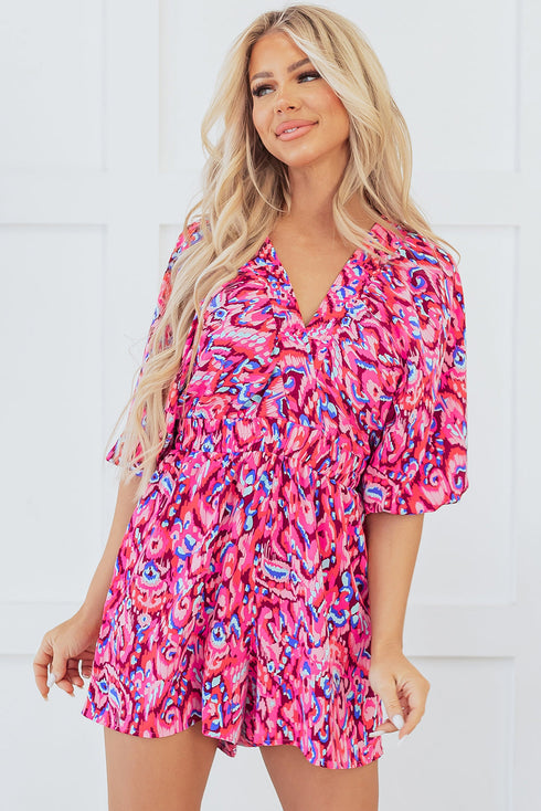 Bohemian Abstract Print Puff Sleeve V Neck High Waist Romper