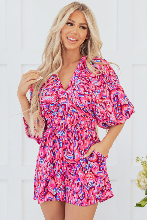 Bohemian Abstract Print Puff Sleeve V Neck High Waist Romper