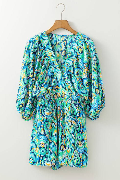 Bohemian Abstract Print Puff Sleeve V Neck High Waist Romper