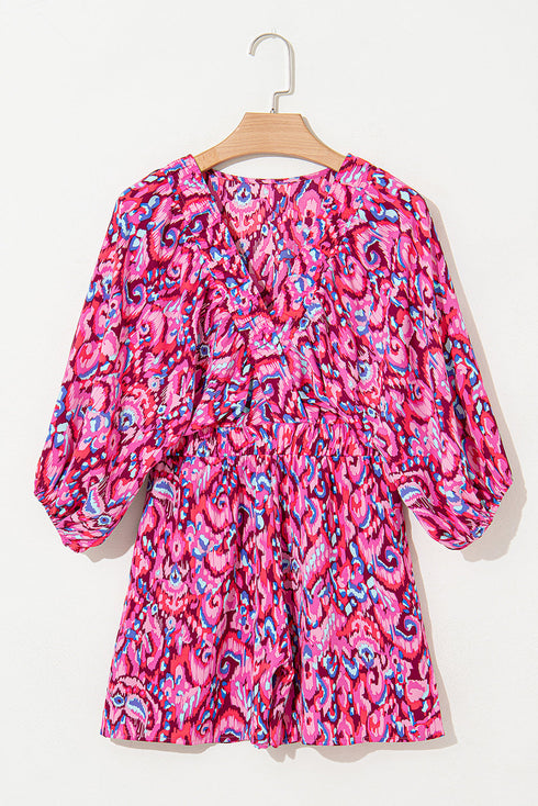 Bohemian Abstract Print Puff Sleeve V Neck High Waist Romper