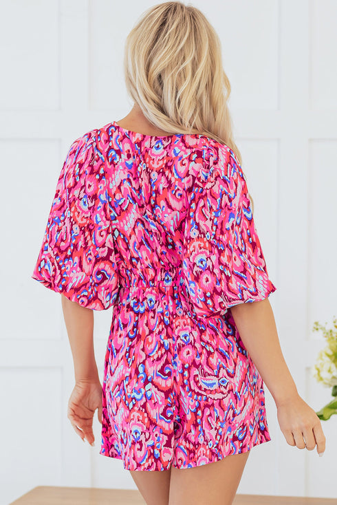 Bohemian Abstract Print Puff Sleeve V Neck High Waist Romper