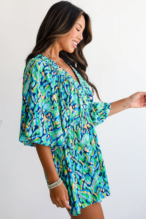 Bohemian Abstract Print Puff Sleeve V Neck High Waist Romper