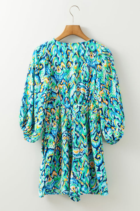 Bohemian Abstract Print Puff Sleeve V Neck High Waist Romper