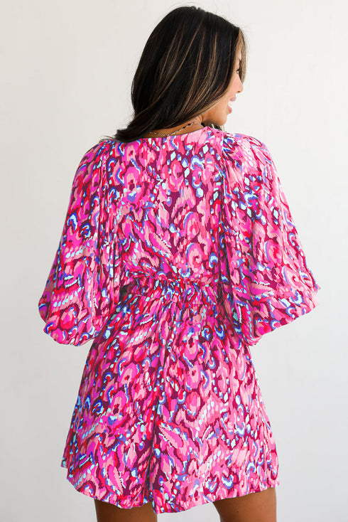 Bohemian Abstract Print Puff Sleeve V Neck High Waist Romper
