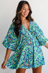 Bohemian Abstract Print Puff Sleeve V Neck High Waist Romper
