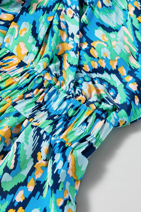 Bohemian Abstract Print Puff Sleeve V Neck High Waist Romper