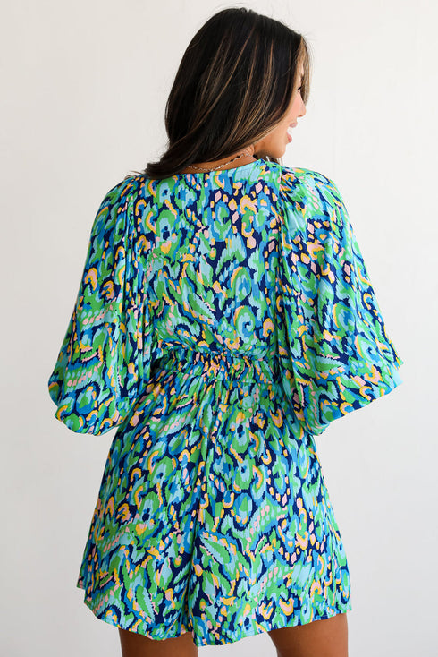 Bohemian Abstract Print Puff Sleeve V Neck High Waist Romper