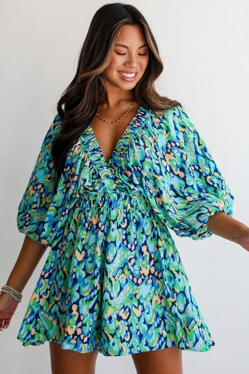 Bohemian Abstract Print Puff Sleeve V Neck High Waist Romper