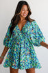 Bohemian Abstract Print Puff Sleeve V Neck High Waist Romper