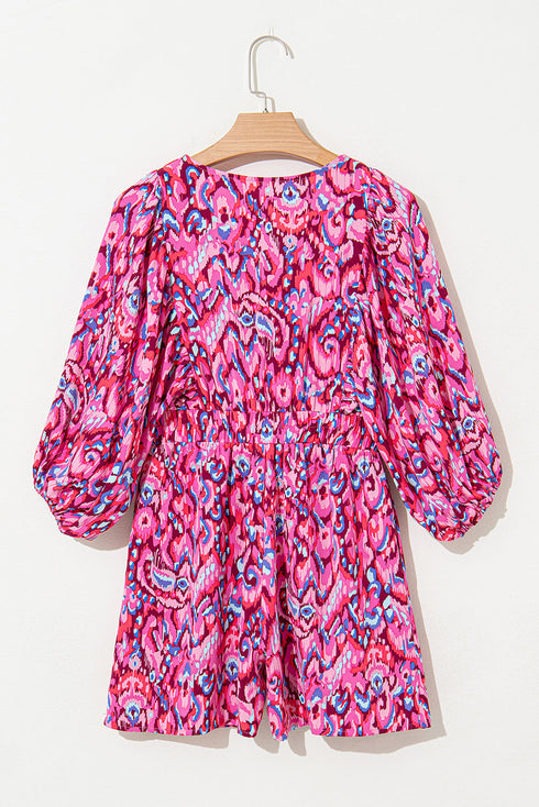 Bohemian Abstract Print Puff Sleeve V Neck High Waist Romper