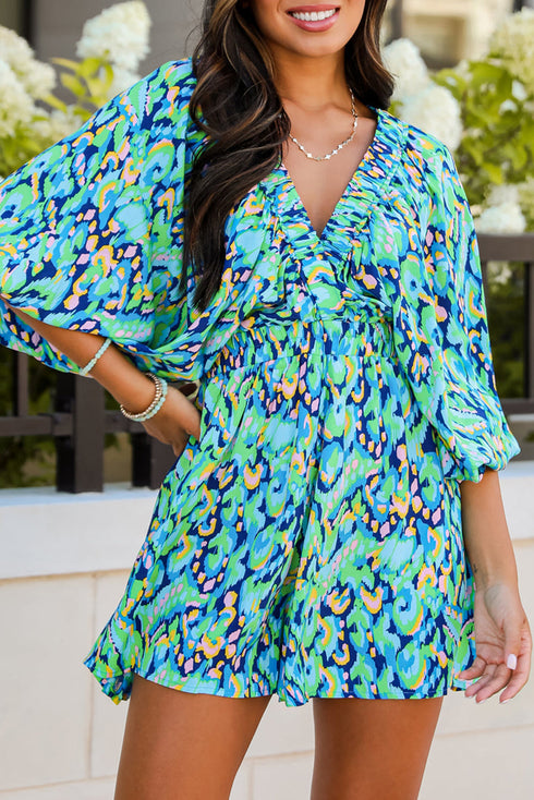 Bohemian Abstract Print Puff Sleeve V Neck High Waist Romper