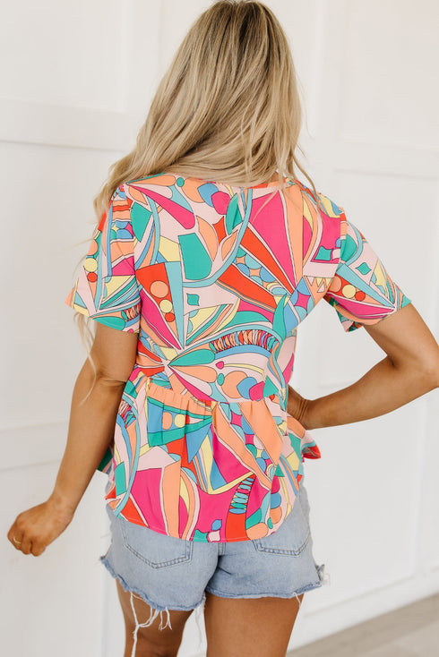 Bohemian Abstract Print Split Neck Flowy Blouse