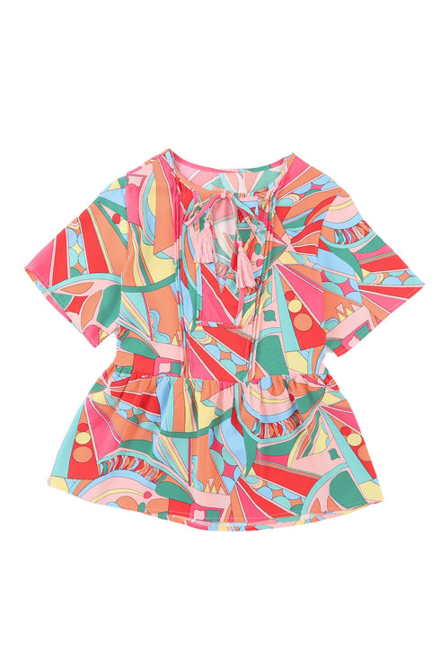 Bohemian Abstract Print Split Neck Flowy Blouse