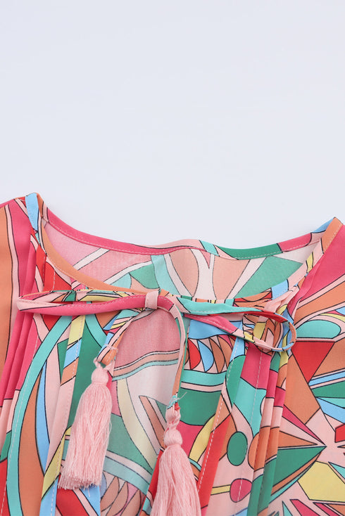 Bohemian Abstract Print Split Neck Flowy Blouse