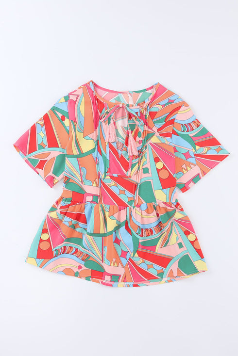 Bohemian Abstract Print Split Neck Flowy Blouse