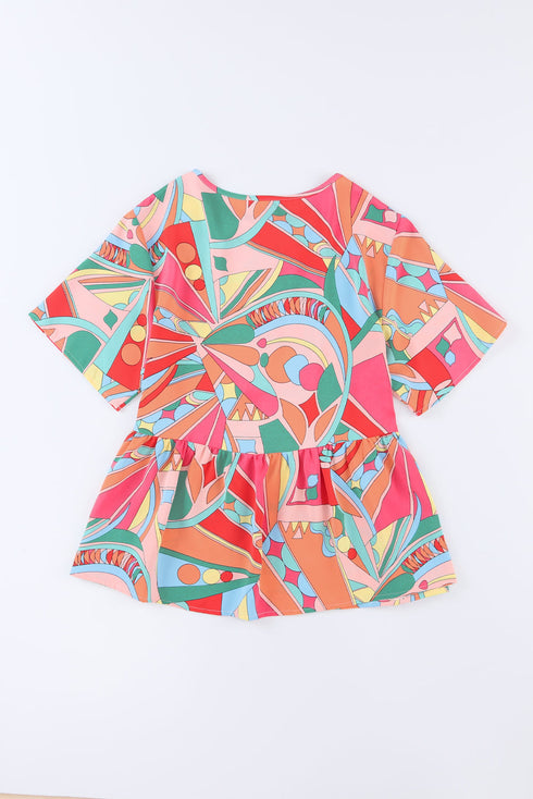Bohemian Abstract Print Split Neck Flowy Blouse