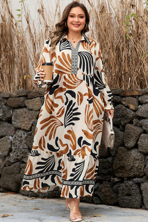 Bohemian Abstract Print Split Neck Shift Maxi Dress