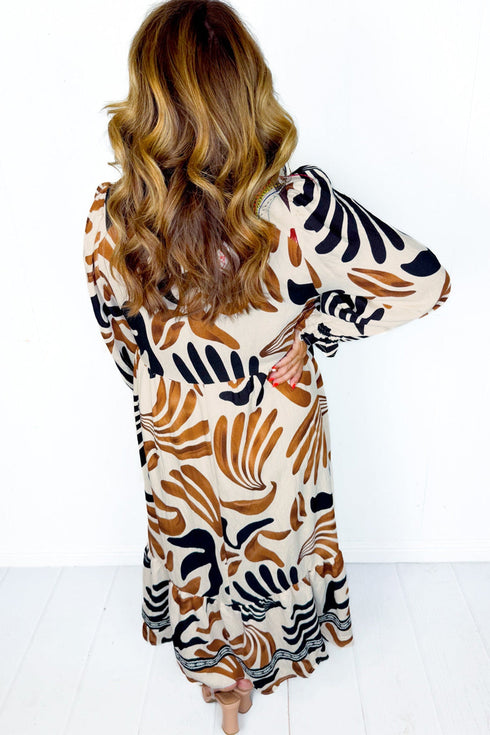 Bohemian Abstract Print Split Neck Shift Maxi Dress