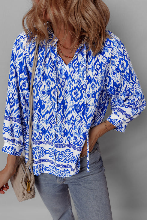 Bohemian Abstract Print Tied Neck Woven Viscose Blouse