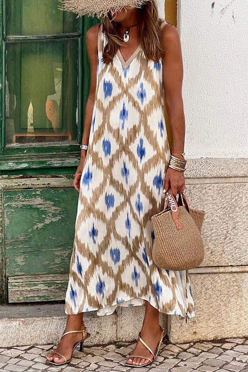Bohemian Abstract Print V Neck Sleeveless Maxi Dress