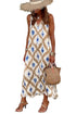 Bohemian Abstract Print V Neck Sleeveless Maxi Dress