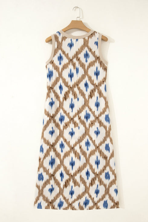 Bohemian Abstract Print V Neck Sleeveless Maxi Dress