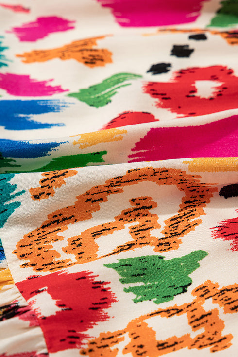 Bohemian Abstract Print V Neck Smocked Waist Tiered Ruffle Mini Dress