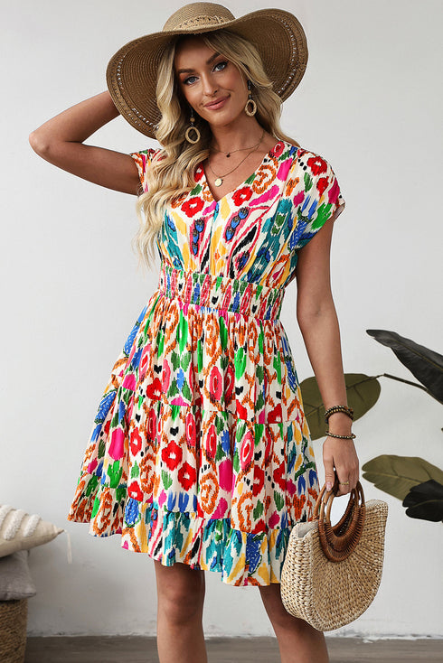 Bohemian Abstract Print V Neck Smocked Waist Tiered Ruffle Mini Dress