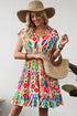 Bohemian Abstract Print V Neck Smocked Waist Tiered Ruffle Mini Dress