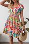 Bohemian Abstract Print V Neck Smocked Waist Tiered Ruffle Mini Dress