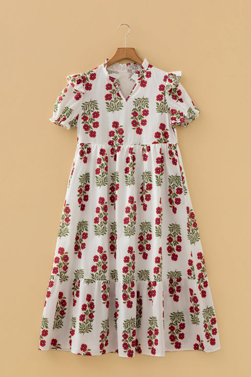 Bohemian All Over Floral Print Bubble Sleeve Tiered Dress