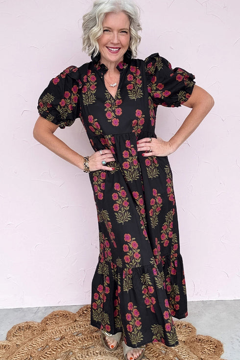 Bohemian All Over Floral Print Bubble Sleeve Tiered Dress