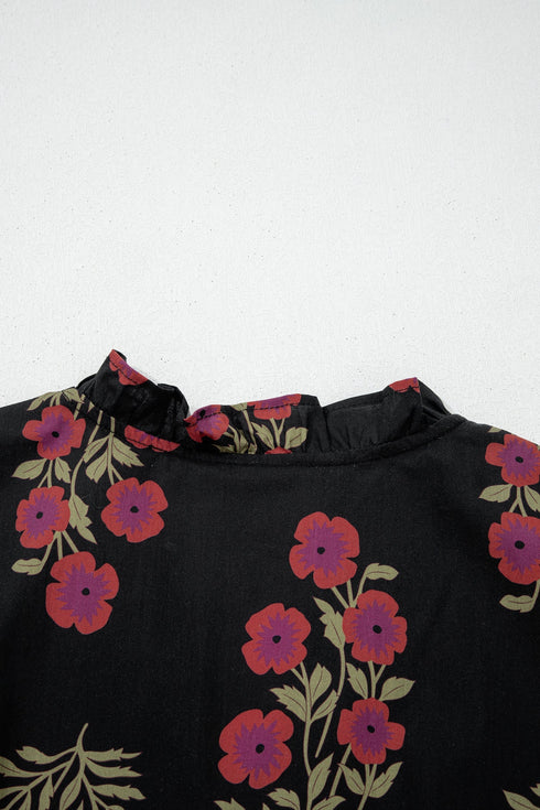 Bohemian All Over Floral Print Bubble Sleeve Tiered Dress