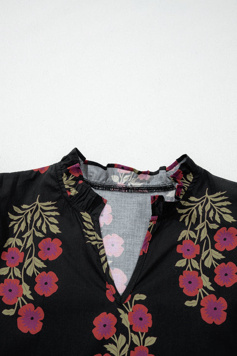 Bohemian All Over Floral Print Bubble Sleeve Tiered Dress