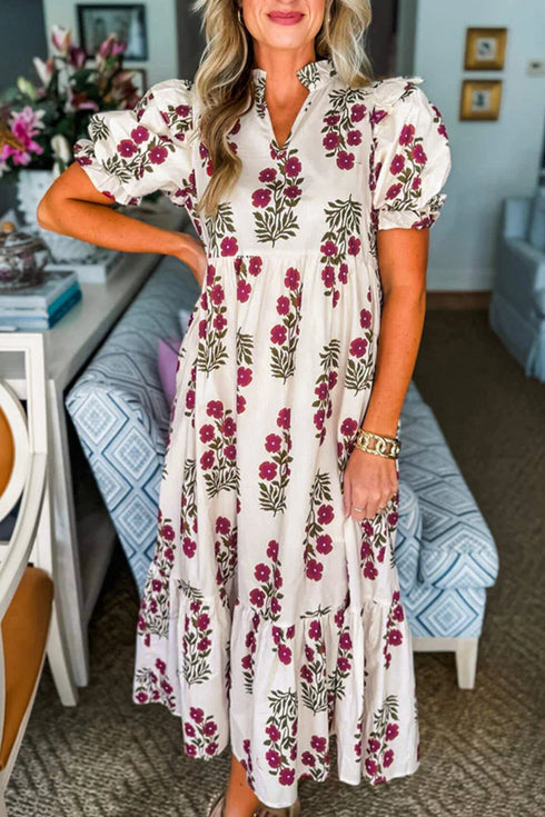 Bohemian All Over Floral Print Bubble Sleeve Tiered Dress