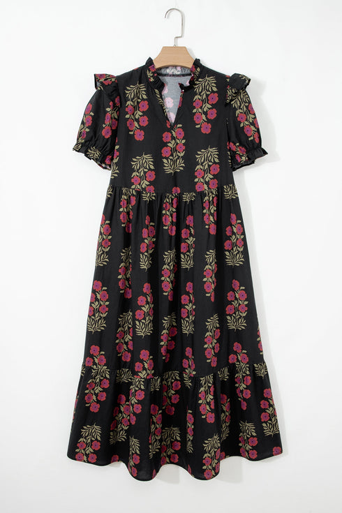 Bohemian All Over Floral Print Bubble Sleeve Tiered Dress