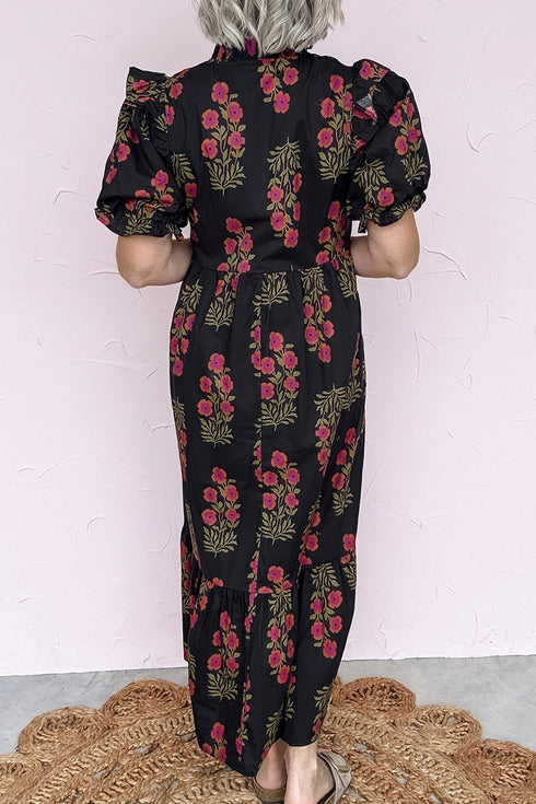 Bohemian All Over Floral Print Bubble Sleeve Tiered Dress