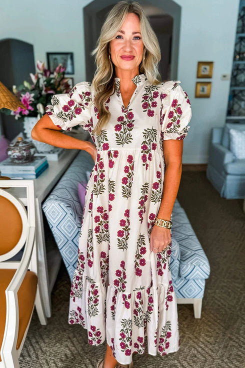 Bohemian All Over Floral Print Bubble Sleeve Tiered Dress