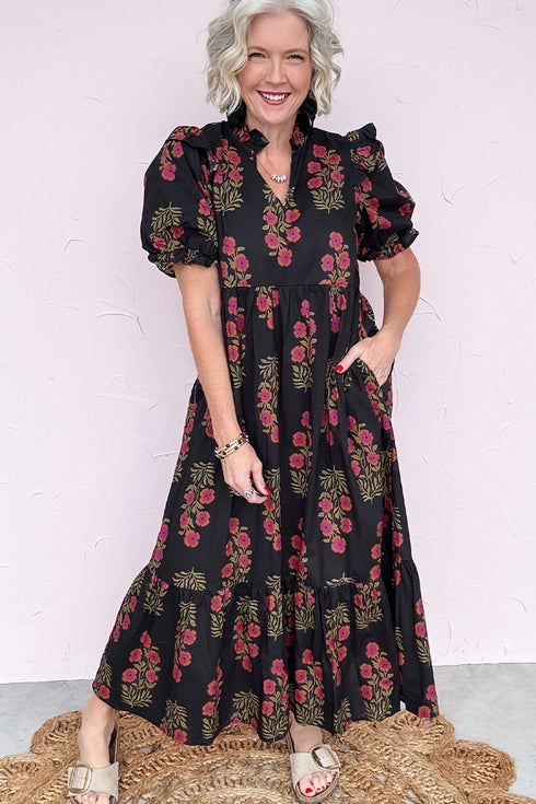 Bohemian All Over Floral Print Bubble Sleeve Tiered Dress