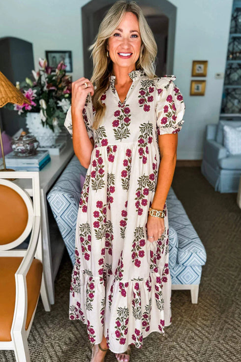 Bohemian All Over Floral Print Bubble Sleeve Tiered Dress