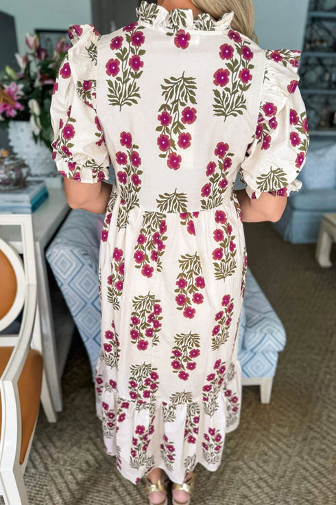 Bohemian All Over Floral Print Bubble Sleeve Tiered Dress