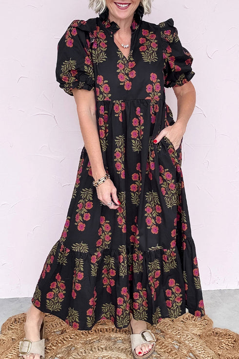 Bohemian All Over Floral Print Bubble Sleeve Tiered Dress