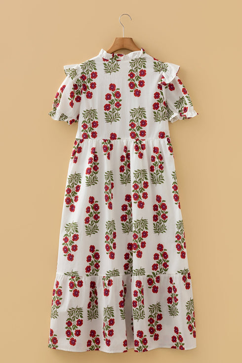 Bohemian All Over Floral Print Bubble Sleeve Tiered Dress